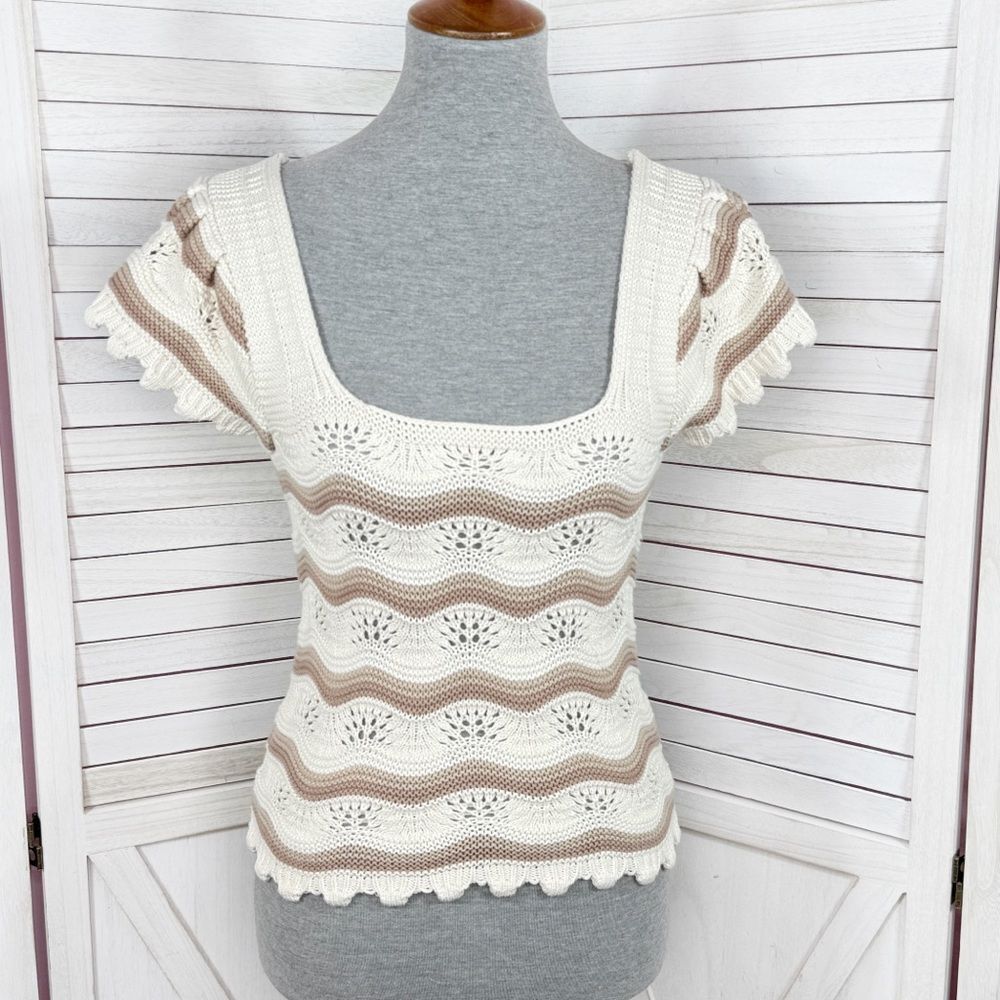 Jessica Simpson Y2K Crochet‎ Flutter Sleeve Striped Top Cream Tan Small Boho